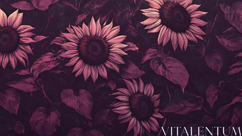 Densely arranged sunflowers rendered in monochromatic magenta palette
