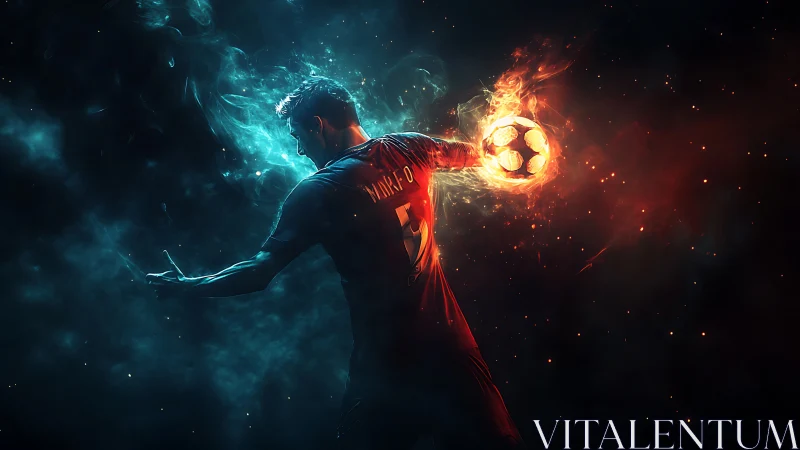 Dynamic footballer silhouette controls flaming ball in dual-color haze