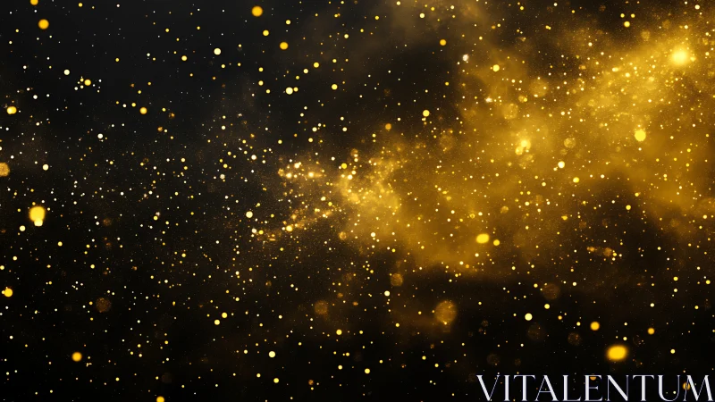 Gold particle field on black background with scattered glow.