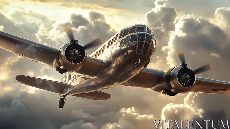 Vintage twin-engine airliner cutting through golden clouds.