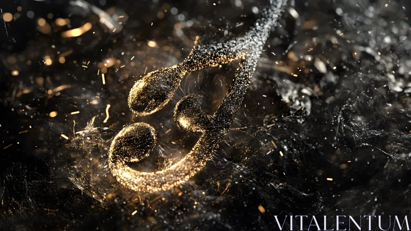 Glittering Musical Note in Abstract Gold and Black Particle Style.