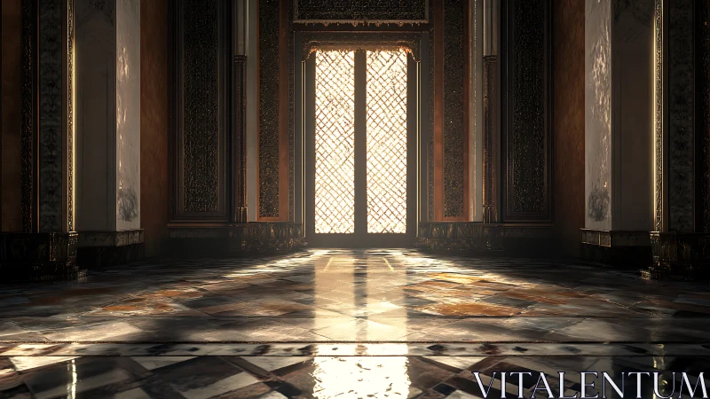 Sunlit ornate palace corridor with reflective marble floor