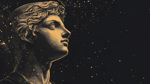 Golden classical bust gazes upward through cosmic dust