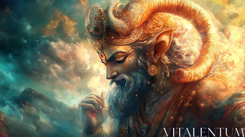 Celestial horned deity contemplates amid swirling cosmic clouds.