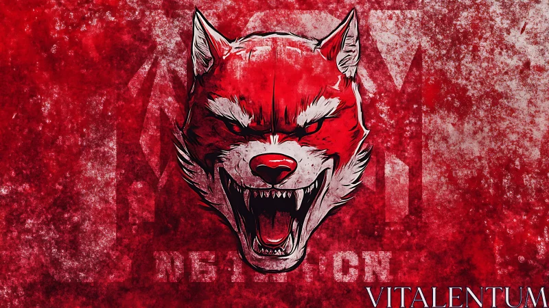 Red stylized wolf head logo is centered on textured field