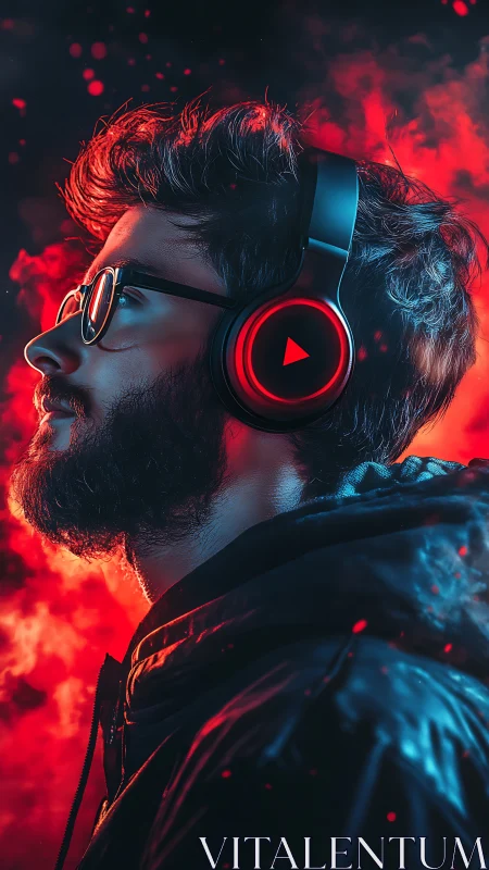 Profile portrait with neon red headphones and firelight glow.