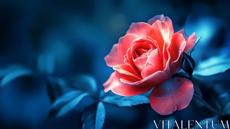 Red Rose Against Blue Background with Glowing Light.