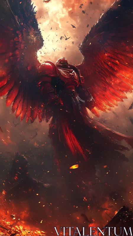 Armored winged figure over burning battlefield in dusk sky.