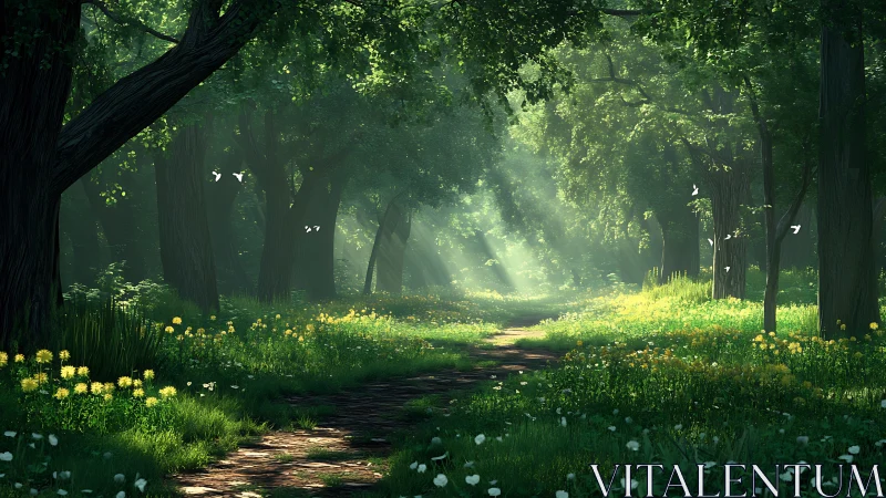 Radiant Forest Glade with Volumetric Light Rays and Flowering Understory