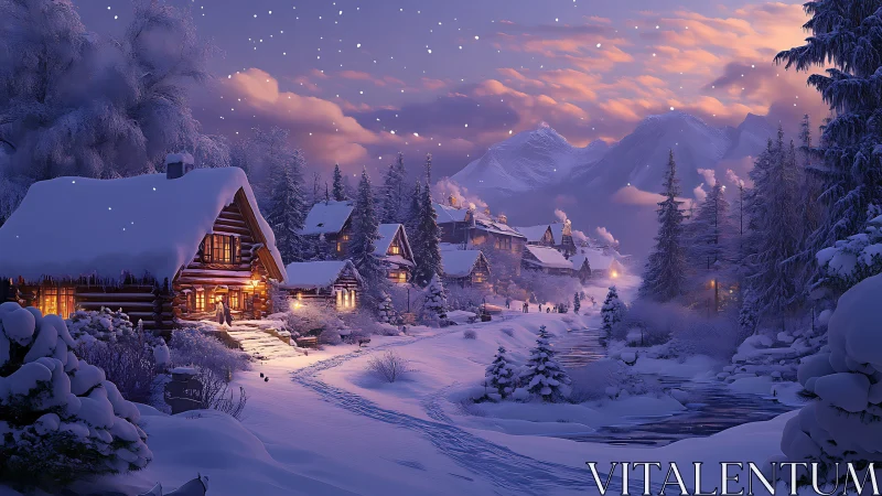 Snow covered village cabins at dusk in mountain valley.