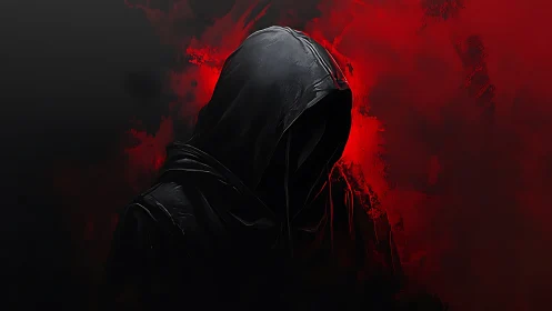 Hooded dark figure emerges from vivid red shadow haze