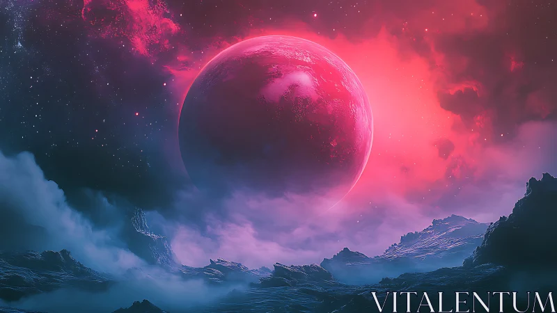 Crimson alien planet rises over misty mountains in deep space