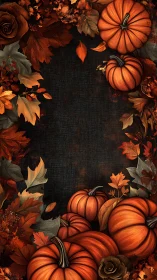 Pumpkins and autumn foliage on dark textured background.