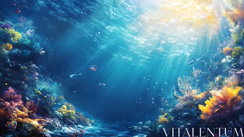 Radiant coral reef valley illuminated by volumetric caustic light shafts