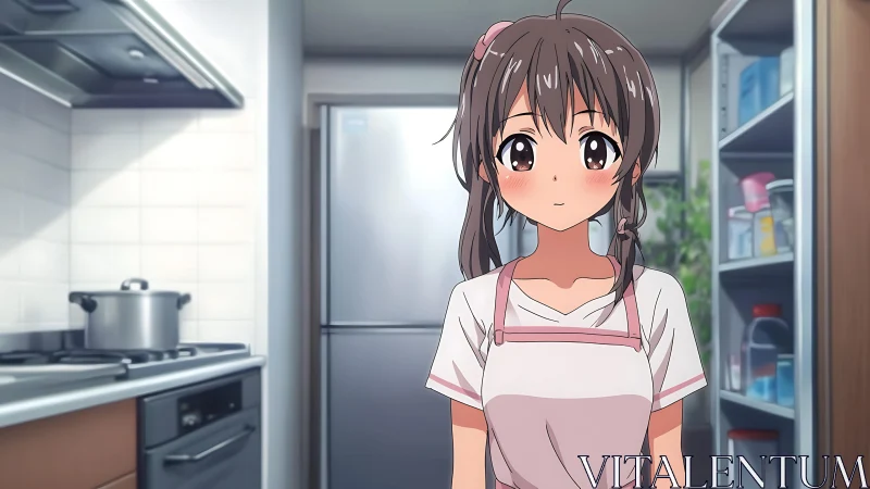 Kitchen quiet hums while shy anime cook meets your gaze
