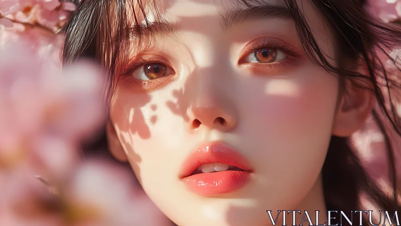 Cherry blossom portrait with soft peachy spring light.