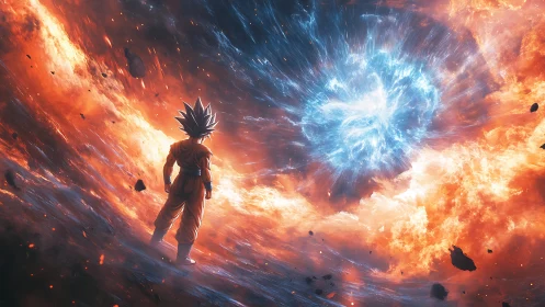 Saiyan warrior confronts colossal cosmic energy storm