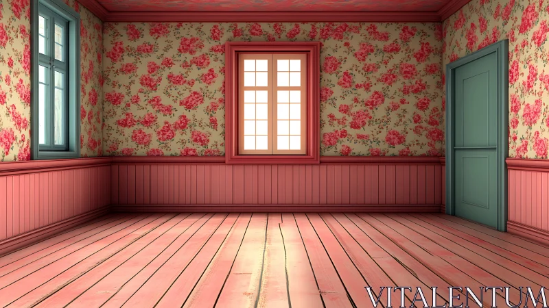 Empty floral wallpaper room with wooden floorboards.