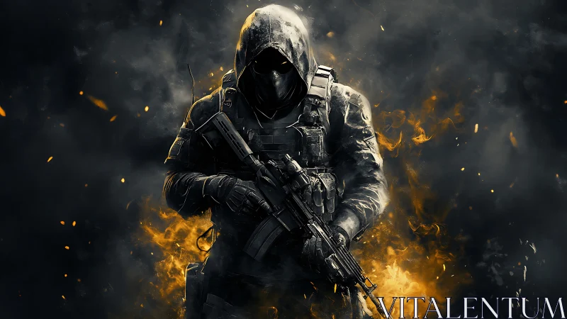 Hooded tactical soldier emerges from blazing embers and smoke.