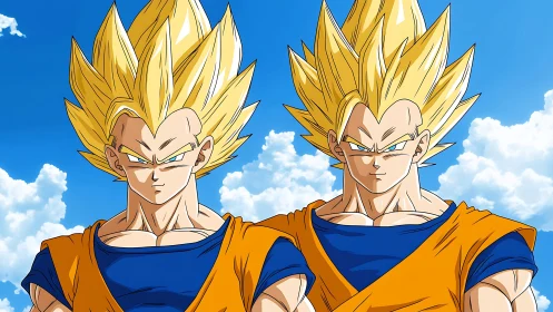 Twin golden-haired anime warriors under stratocumulus sky.