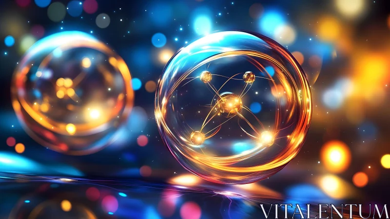 Glowing atomic spheres drift through colorful bokeh space.