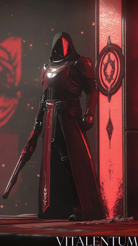 Mysterious hooded guardian bathed in dramatic red light.