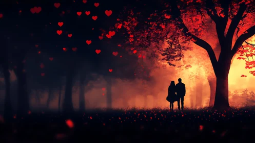 Couple standing together in a misty forest illuminated by warm sunset glow