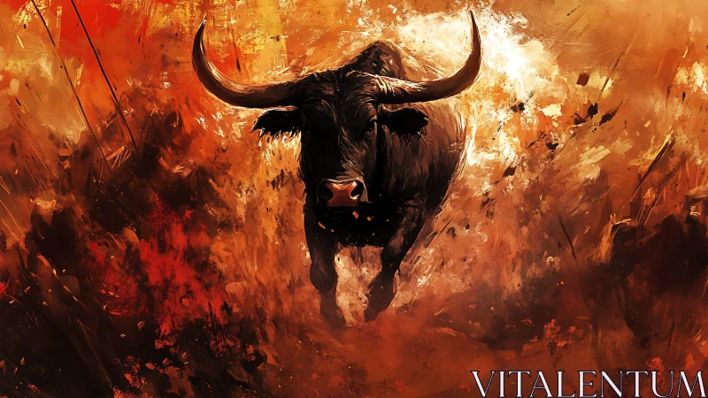 Charging black bull erupts through fiery abstract chaos