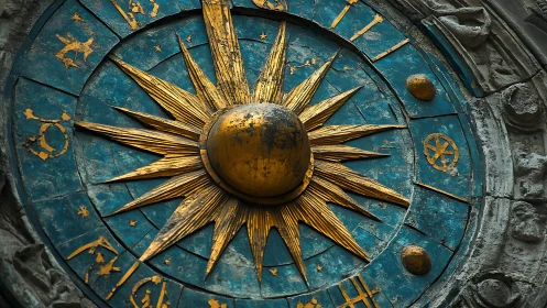 Circular zodiac dial displays central gilded solar emblem