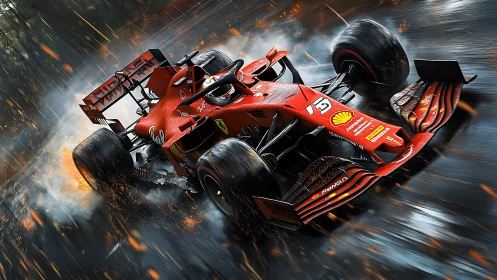 Red Formula race car rendered on wet dramatic circuit.