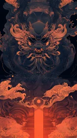 Mythic dragon gate ignites in molten orange linework.