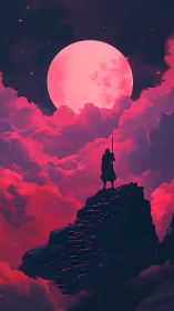 Moonlit wanderer crowns a crimson staircase of drifting cloud