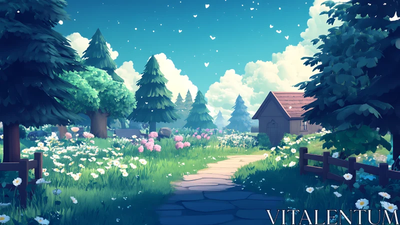 Sunlit stylized forest path leads to a rustic wooden cottage