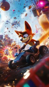 Anthropomorphic fox racers drift through explosive city chaos.