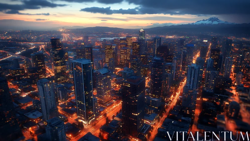 Densely lit city skyline captured at dusk from elevated view