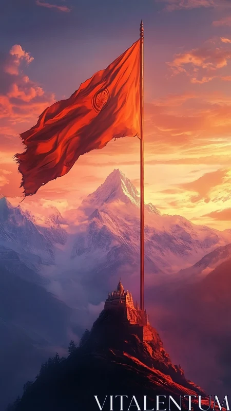 Red flag on tall pole above mountain fortress at sunset