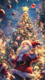 Santa Claus stands before tall lit Christmas tree at night