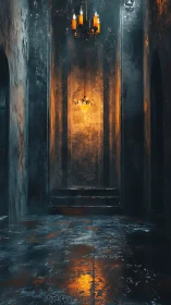 Gothic stone hallway glows under molten candlelight