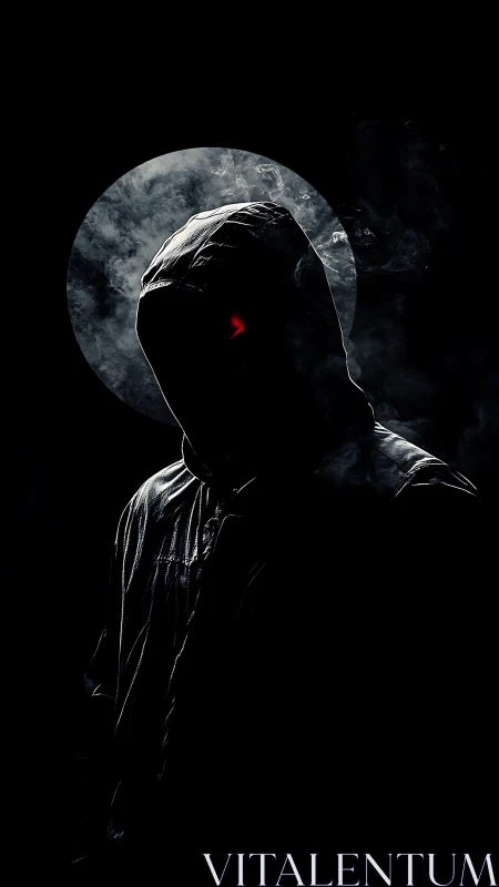 Hooded shadow figure stands before moonlit smoke halo