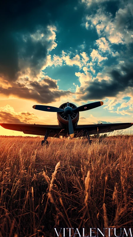 Single propeller aircraft in tall field grass at sunset.