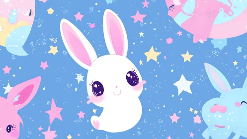 Kawaii white bunny floats in a dreamy pastel starry sky