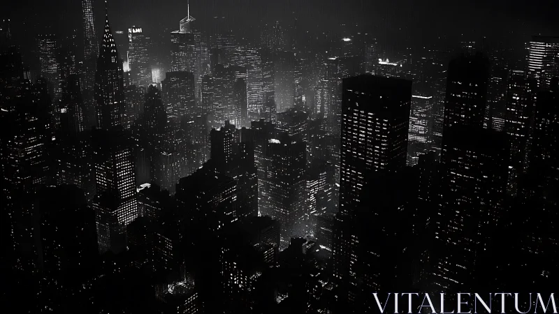 Midnight city skyline glowing softly through the darkness.