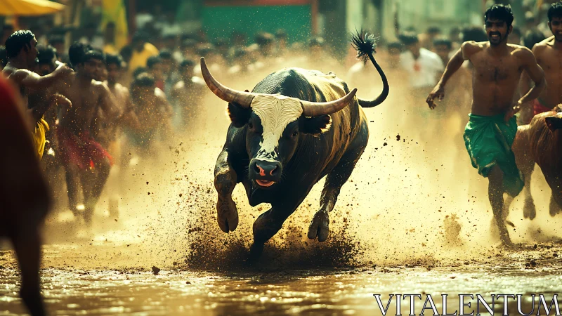 Charging bull kicks mud amid crowded rural street race.