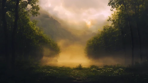 Golden Mist Rises Over Tranquil Forest Lake.