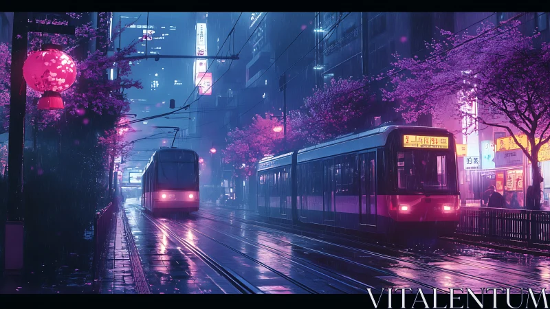 Neon city trams glide through rainlit cherry blossom streets.
