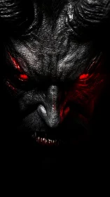Infernal horned demon emerging from black with molten eyes.