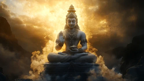 Divine stone Buddha sits amid glowing mountain clouds at dusk