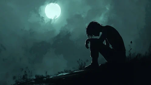 Lunar backlit silhouette of solitary figure on nocturnal ridge.