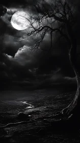 Dead tree silhouette under full moon above rocky plain