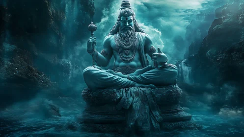 Mythic aquatic deity rendered in cinematic volumetric lighting.